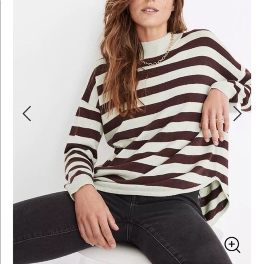 Madewell Green and Brown Striped Long Sleeve Mock Neck Pullover Sweater (NWT)